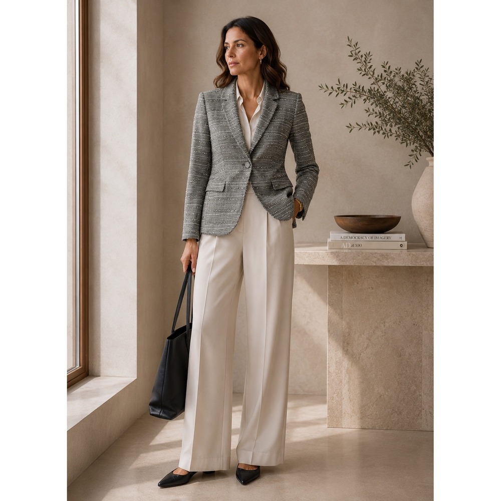 Lafayette 148 Blazer Women 10 Sequin Tweed Textured Single Button Grey